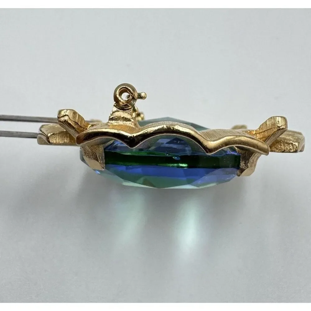 Vintage‎ Large Gold ToBlue Green Faceted Glass Rhineston Brooch Signed STAR